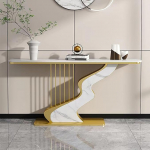 Kitsas sissep&auml;&auml;sukonsooli laud kivikattega, metallist alusega ja hoiuruumiga - kaasaegne fuajeelaud v&auml;ikestesse ruumidesse, 59-tolline diivanilaud (kuldne viimistlus)