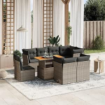 Set Schlafsofa, 9-teiliges Gartensofa-Set mit grauen Kissen aus Polyrattan, Set f&uuml;r Schlafsofa, Wohnzimmer, Gartensofa, modernes Sofaset f&uuml;r den Au&szlig;enbereich, Outdoor-M&ouml;bel