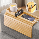 Bamboo Couch Arm Tray, Drink Holder with Side Storage Bag and Phone Holder, Non-Slip Sofa Armrest Tray for Drinks, Mobile Phone, Remote Control, Snacks, Multifunctional