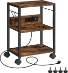 Rattaga printerilaud 28 x 42 x 60 cm 3-tasandiline printeri statiiv koos laadimisjaamaga 2 pistikupesa ja 2 USB-&uuml;hendust 2 konksuga kontorisse Vintage pruun ja must APTHR40UE01