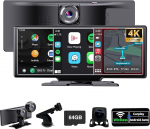 SCUMAXCON Kaasaskantav autoraadio Traadita CarPlay Android auto 4K Dash Cam koos tagavarakaameraga Airplay 10,3-tolline IPS puuteekraan Loop salvestamine GPS navigatsioon Bluetooth FM AUX sisseehitatud k&otilde;lariga
