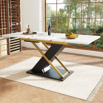Moimhear Dining Table Extendable Kitchen Living Room Table with the Help of Internal Insert Plate Extendable to 160 cm (160 x 80 x 75.4 cm (White + Black + Gold))