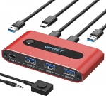 10Gbps USB C Switch 2 PC Share 4 USB 3.2 Port USB-C Switcher PC s&uuml;learvuti jagamine klaviatuur hiir veebikaamera ei video edastamine ja PD laadimine toetab 2 USBA-C ja 1 USB-C kaablit.