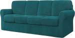 Stretch-Sofabezug-Set f&uuml;r Couch, mit R&uuml;ckenlehnen und Kissen, kariert, Spandex-Stoff, Blau, 4-Sitzer (240 x 290 cm)