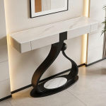 Halbmondf&ouml;rmige Moderne Konsole Mit Stauraum, Steinplatte, Schmale Rechteckige Sofatisch, Kohlenstoffstahlbasis, Dekorativ F&uuml;r Wohnzimmer, Eingang, Flur(Black B,100x35x92cm)