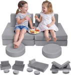 MeMoreCool m&auml;ngusohva lastele, modulaarne tugitool diivan Cuddly nurgas lastetoas, diivanvoodi, 8-osaline laste diivan m&auml;ngukomplekt, vahtpol&uuml;stri magamisfunktsiooniga diivanvoodi t&uuml;drukutele ja poistele, hall
