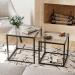 Garden 4 you Coffee Table Set of 2, Modern Glass Nesting Table, Metal Frame, Square Centre Table, Side Tables, Nesting Coffee Table for Living Room, Bedroom and Small Spaces, 50 cm, Black