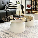 Satztisch 2er Set Rund, Moderner Couchtisch mit Glasplatte, Nesting Coffee Table Set aus Metall, Platzsparend f&uuml;r Wohnzimmer(White)