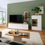 Elutoa m&ouml;&ouml;blikomplekt, valge ja tamme v&auml;rvi, 4 tk, kaasaegne, 1 madallaud, 1 seinariiul, 1 k&otilde;rglaud, 1 kohvilaud