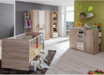 Lomadox Baby Room Set 10 Pieces in Oak with White Including Changing Unit, Base Cabinet Shelves, Wall Shelves, Standing Shelves, Wardrobe, Clothes Rail, Cot, Bed Drawer, Bed Sides