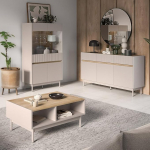 Lomadox Living Room Set in Matte Cashmere with Oak Coffee Table, Sideboard, Highboard with LED Lighting, 3-Piece Set