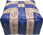 Natural Leather Square Egyptian Bean Bag Handmade in Cairo by Master Craftsmen in Leather, Beige and Blue, Cuadrado