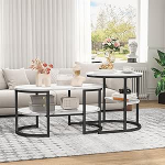 2 tk &uuml;mmargune ja ovaalne kohvilaud koos hoiuruumiga Marmori efektiga k&uuml;ljelaud elutuppa metallraamiga (valge + must)