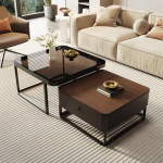 Couchtisch 2er Set - Quadratische Tische im Bauernhausstil mit Tischplatte aus geh&auml;rtetem Glas und Rattan-Aufbewahrung f&uuml;r Wohnzimmer & Schlafzimmer