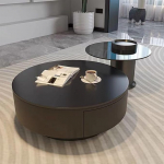Moderner runder Couchtisch, 2er-Set, mit Stauraum, geh&auml;rtetes Glas und Steinplatte, ideal f&uuml;r Wohnzimmer, B&uuml;ro, kleine R&auml;ume (C70+60cm/27.5+59.9 cm)