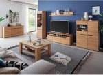 Lomadox Wohnm&ouml;bel Set Eiche teilmassiv modern 6-teilig, 1 Sideboard, 1 Vitrine, 1 Wandboard, 1 Lowboard, 1 Couchtisch, 1 Highboard, LED-Beleuchtung - Massivholz/Echtholz/Furniert