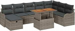 9-teiliges Garten Sofa Set mit Kissen Grau Poly Rattan, 2-Sitzer Garten Sofa mit Kissen Grau Poly Rattan Gartenlounge Model3359954