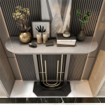 Moderner Konsolentisch, U-f&ouml;rmiger Eingangstisch mit schwarzem Fu&szlig;, schmaler Sofatisch, Flurtisch f&uuml;r Wohnzimmer, Eingangsbereich, Flur (Farbe: Grau, suurus: 80 cm)