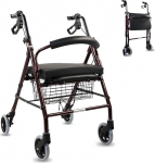 Mobiclinic&reg;, Rollator with Viscoelastic Cushion, Aluminium, Manual Brakes, Foldable, Basket, Seat, for Chairs and Trolleys, Escorial Plus, Seniors, Lightweight, 4 Wheels, Bordeaux