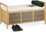 Relaxdays Bamboo Storage Bench Size L: 46 x 93 x 50 cm, Ottoman Seat, w/ Padding, Footstool & Storage Box w/ Lid and Handles, Natural Brown