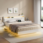 VASAGLE Double Bed Frame 160 x 200 cm Floating Visual Effect Bed koos LED-valgustusega High Headboard Charging Station Modern Cloud White RMB865W01