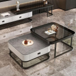 Moodne ruudukujuline kohvilaud Kuldne klaasist metallraam Stiilne elutoa lauad Lihtne kokkupanek Kodum&ouml;&ouml;bel