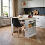 EGGREE s&ouml;&ouml;gilaud 2 tooliga, s&ouml;&ouml;gikomplekt, baarilaua komplekt, laud vahelduvvoolu pistikupesade ja USB pordiga, 111 cm k&ouml;&ouml;gilaud 4 riiuliga elutuppa, k&ouml;&ouml;ki (valge tammepuust laud + 2 musta tooli)