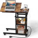 Ratastega k&uuml;ljelaud, C-kujuline k&uuml;ljelaud pistikupesaga, kohvilaud, reguleeritava k&otilde;rgusega arvutilaud, kallutatav lauaplaat, kasutamiseks kodukontoris (Vintage Brown, 80 x 40 x 64-95 cm)