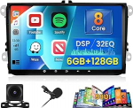 [6G + 128G] Inefala Android 15 autoraadio VW Golf Passat Tiguan Polo Caddy Skoda juhtmevaba Carplay Android autoga, 9-tolline puutetundlik raadio koos GPS WiFi RDS/FM Bluetooth EQ SWC tagurduskaameraga