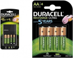 Duracell laadija 4 tundi, 1 arv ja Ultra HR6DX1500 madala enesepuhastusega patareid (2500mAh), 4 tk pakendis