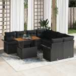 Rantry 9-teiliges Garten Sofa Set mit Kissen Schwarz Poly Rattan Akazie Gartenlounge Model3349316