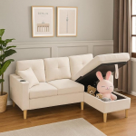 Corner Sofa with Sleep Function, Bed Box & Storage Space - Sofa Bed with Drink Holder and Side Pockets - Modern L Sofa for Living Room & Guest Room