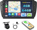 Hikity Android 15 4 + 64 GB autoraadio Seat Ibiza 2013 jaoks 9-tollise Incell puuteekraaniga, autoraadio 2DIN traadita Carplay Android autoga, FM/RDS raadio BT GPS WiFi tagurduskaamera + mikrofon