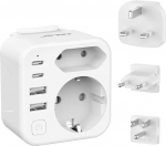 JSVER reisiadapteri &uuml;lemaailmne komplekt, rahvusvaheline reisipistik 2 sektsiooniga 4 USB (2 USB C) 3 eemaldatavat adapterit koos l&uuml;litiga, C/G/B t&uuml;&uuml;pi pistik USA, Euroopa, Inglismaa, Suurbritannia, Tai jaoks (valge)