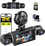 4-kanaliline Dash Cam auto eesmine tagumine 2K + 1080P x 3, 360&deg; 4-kanaliline Dash Cam, WiFi Dash Cam koos rakenduse juhtimisega, autokaamera 64GB kaardiga, WiFi, Loop salvestamine, G-sensor, &ouml;&ouml;n&auml;gemine
