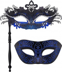 SIQUK Pack of 2 Veneetsia mask koos varrastega Karnevali mask silmamask naistele meestele Halloween karneval, must ja sinine