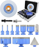 QUEFORET Diamond Tile Drill Bit Set 13 Pieces - 6/6/8/20/35/50/68/110 mm x M14 Drill Bits, 20 mm Finger Cutter, 50 mm Chamfer Cutter, Adapter, 125 mm Grinding Disc for Tiles Porcelain Ceramic Marble