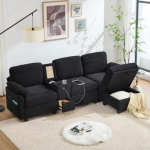 Dolaman&iacute; Cordo 3-kohaline diivan eemaldatava keskkonsooliga (2 tassihoidjat + panipaik), USB-C port, hoiukast, teisaldatav panipaik, 266 x 136 x 82 cm (must)
