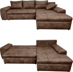 Vintage nurgadiivan magamisfunktsiooniga ja voodikastiga W266/D186/H90 cm, Wave undersuspension, Ottomani paremal, hubane Lounge diivan mikrokiudkangaga nahkse v&auml;limusega, pruun/18011