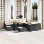 Modulares Terrassen-Set Schwarz, Gartensofa-Set 13-teilig mit Kissen und Stauraum als Outdoor-Sofa-Gruppe, Poly Rattan Gartenm&ouml;bel-Set mit 4 Armsofa, 6 Zweisitzern, 2 Hockern, 1