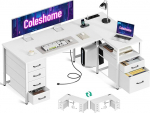 Coleshome Kirjutuslaud kangastega, 140 x 80 cm, p&ouml;&ouml;ratav kirjutuslaud, L-kujuline koos arhiivisahtliga, nurgakirjutuslaud USB-laadimispordi ja pistikupesaga, kodukontori kirjutuslaud, valge