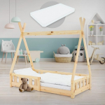 ML-Design Teepee lastevoodi 70 x 140 cm, naturaalne koos madratsi, kukkumiskaitse ja liistudega raamiga, valmistatud m&auml;nnipuidust, indiaani voodi t&auml;ispuidust t&uuml;drukutele ja poistele, maja voodi koos aiaga, noorte voodi, m&auml;nguvoodi