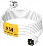 Pikenduskaabel 5 m, plastist pikendus kaitsva kontaktpistikuga ja pistikupesaga, H05VV-F 3G 1,5 mm&sup2; Schuko toitejuhe (16A/250V, 3500W, IP20), siseruumides kasutamiseks, valge