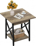 GreenForest Side Table 24 Inch for Living Room Large Square Side Tables with X Frame Tall Industrial Bedside Table with 2 Tier Storage, Grey Wash