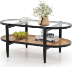 COSTWAY kohvilaud, klaasist lauaplaadi ja rotangist riiuliga k&uuml;ljelaud, puidust jalgade ja puidust raamiga elutoa laud, kohvilaud elutuppa, kontorisse, 102 x 56 x 47 cm (must)
