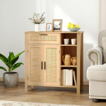 COSTWAY Sideboard Rattan puidust, buffet kapp 2 rotangist uksega, 1 sahtli ja 3 lahtise kambriga, k&ouml;&ouml;gikapp, sahtlikapp, kaasaegne buffet k&ouml;&ouml;ki, s&ouml;&ouml;gituppa, elutuppa, naturaalne, 75 x 30 x 80 cm.