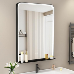 STARLEAD Bathroom Mirror with Lighting 80 x 60 cm, LED Bathroom Mirror with Shelf, Dimmable, 3 Light Colours, Anti-Fogging, Memory Function, IP44 Tempered Glass Bathroom Mirror, Black Metal Frame