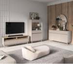 Lomadox Living Room Set in Cashmere Matt with Oak 154 cm Lowboard, Sideboard, Highboard with LED Lighting, 3-Piece Set