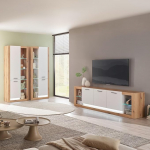 Wohnzimmer-Set mit Lowboard & 2 Vitrinenschr&auml;nken in Eiche mit wei&szlig;, inkl. LED Beleuchtung, modern, Wohnzimmerm&ouml;bel 3-teilig
