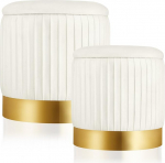 Barydat Velvet Ottoman with Storage for Bedroom, Round Storage Ottoman with Gold Base, Soft Padded Makeup Stool, Padded Footstool, Chair with Storage Footrest for